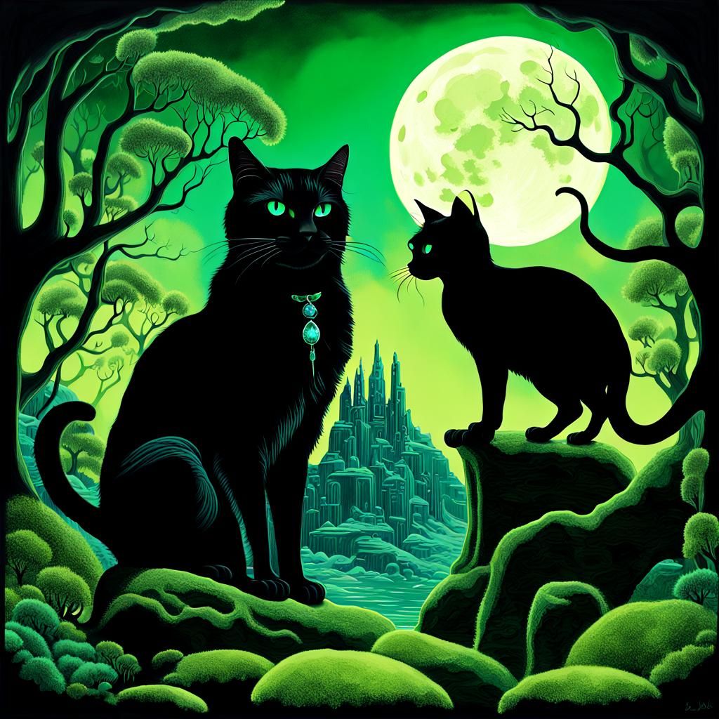 Surreal Biomechanical Cat Silhouette with Emerald Forest