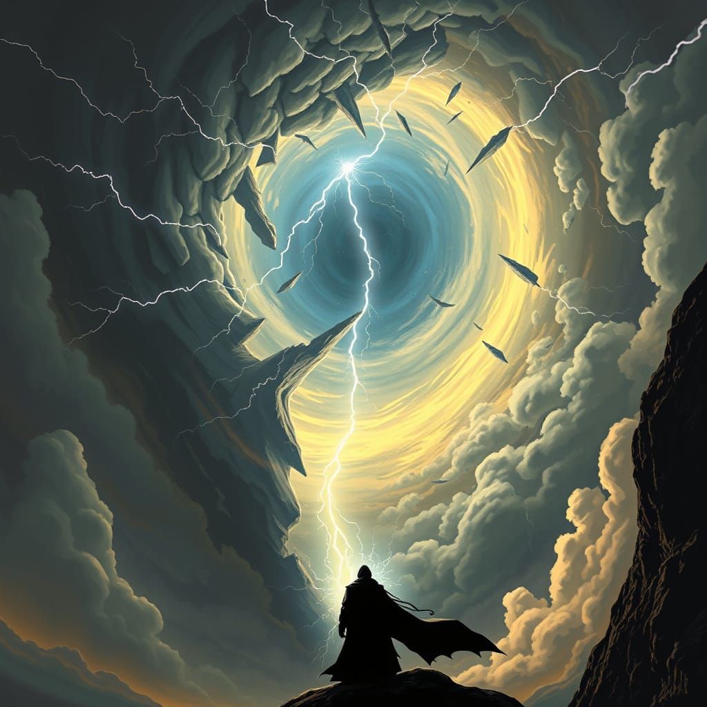 The Void Rift: A swirling vortex in the sky, with jagged lightning ...