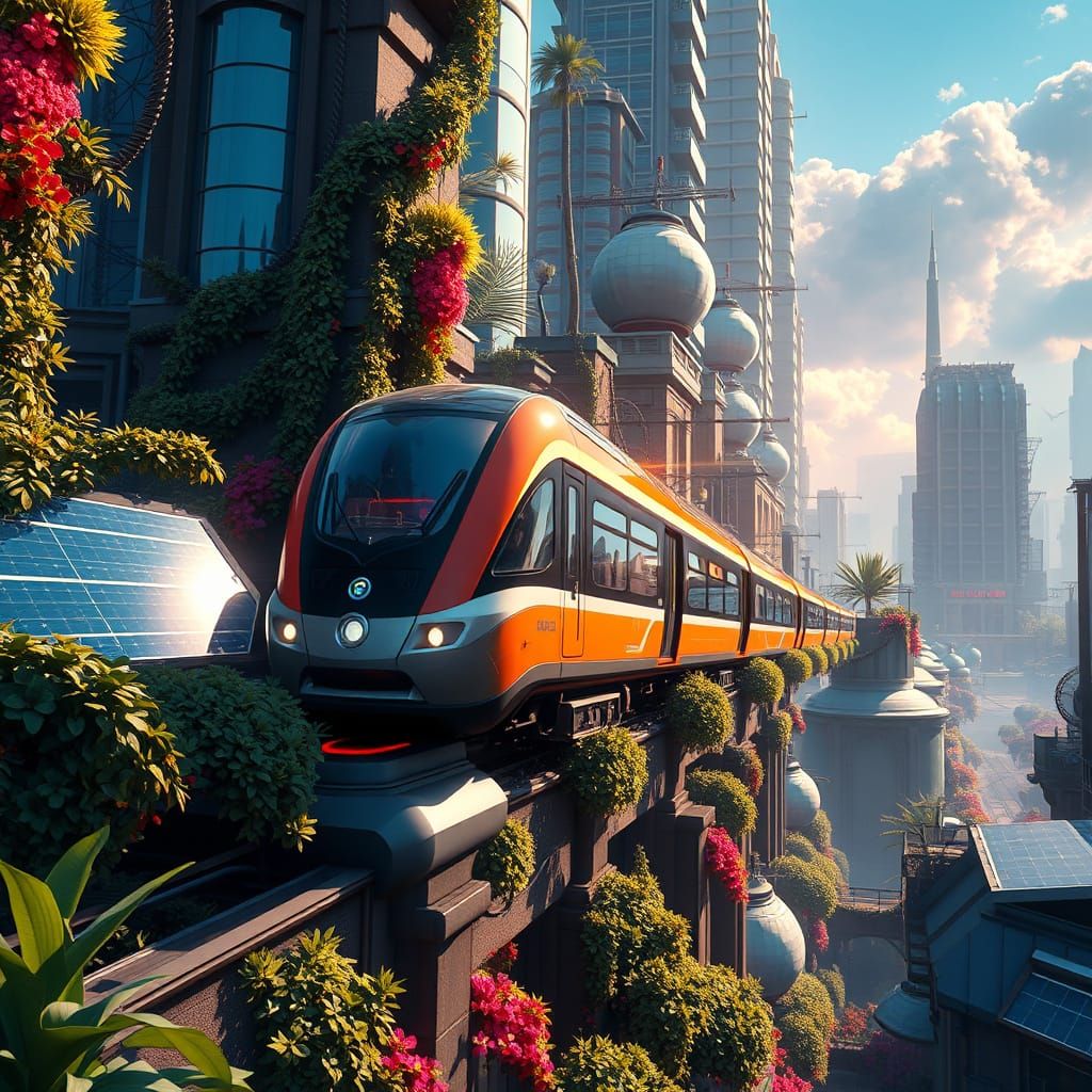 A Orange Train Going Through A Solarpunk City