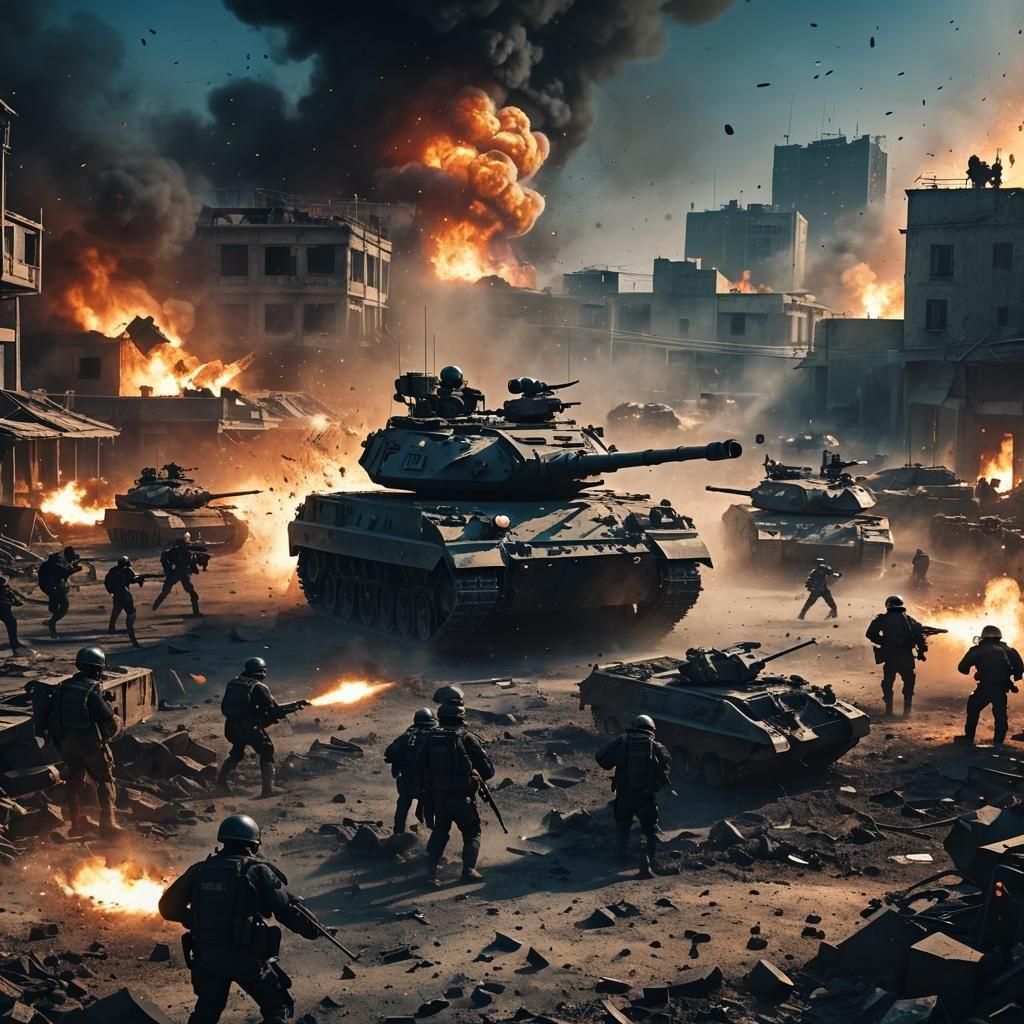 TANks with people shooting at it, war scene,bloody. show. ar...