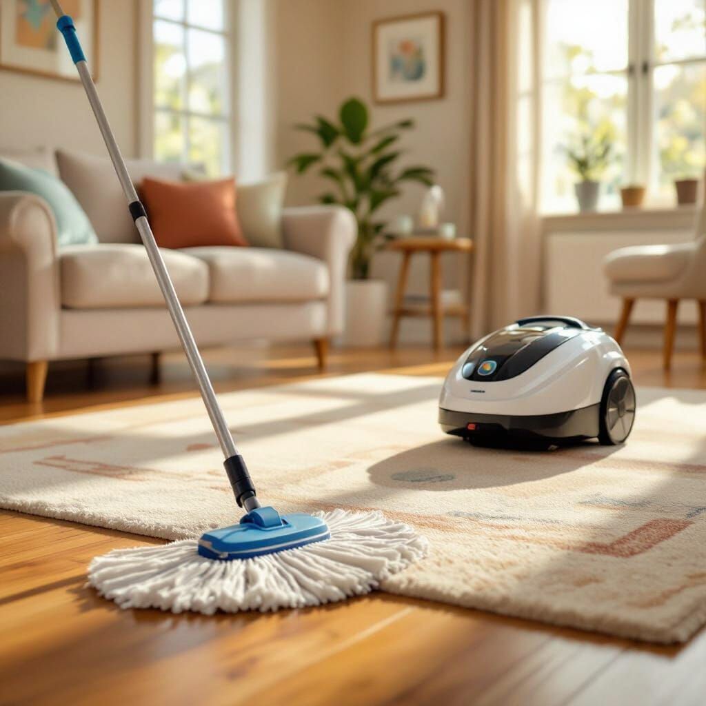 A day in the house. A mop, mopping the the floors bye it self. A vacuum cleaner cleaning the rugs by itself.
