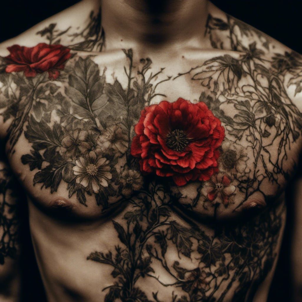 Tattooed Asian Man: Sepia Portrait with Floral Details