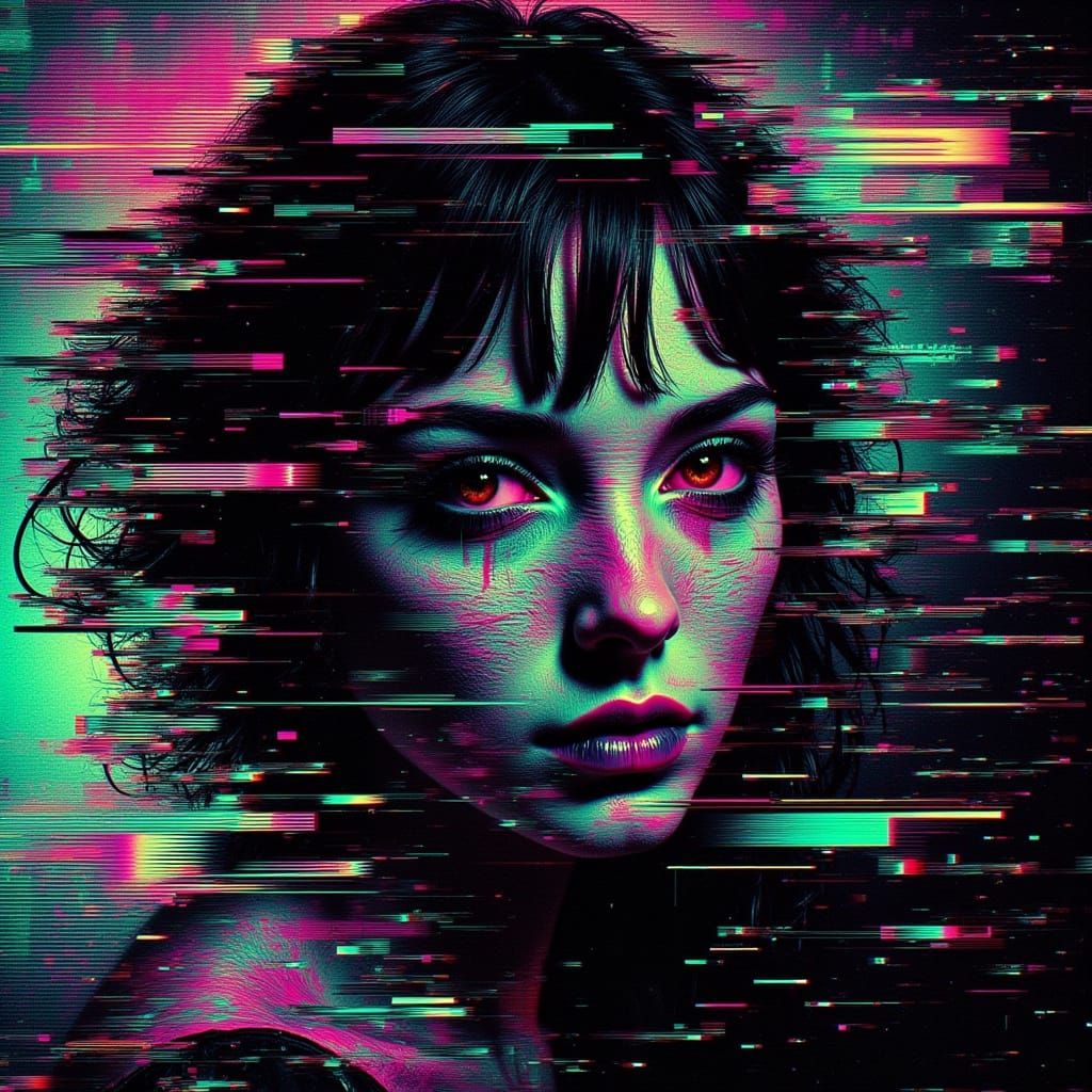  A portrait of a mysterious woman with fragmented features and dis...  by @Patsy 