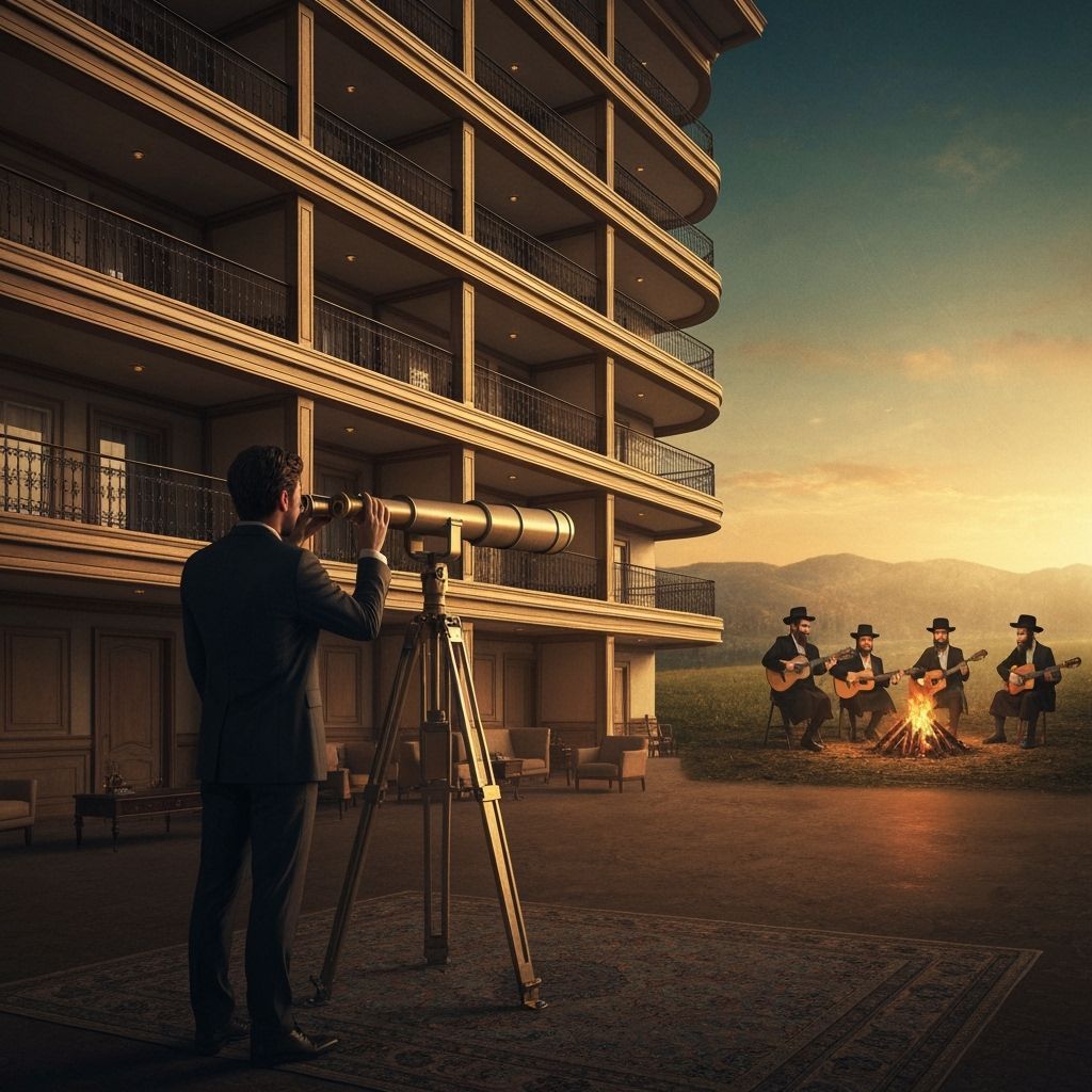 Man Gazes Through Telescope at Musicians by Bonfire
