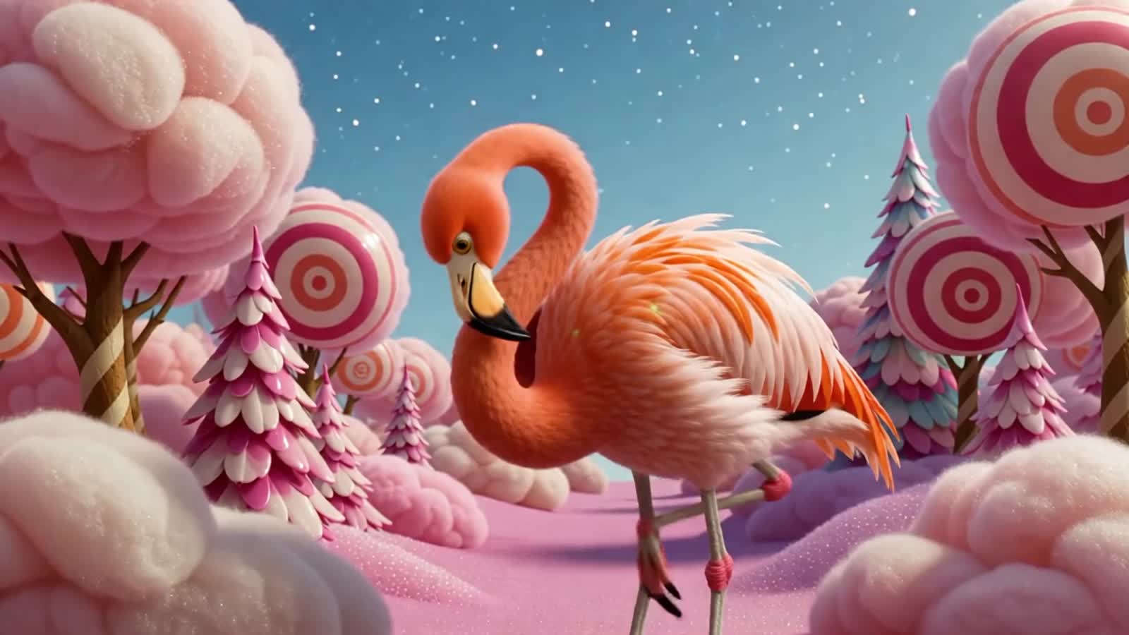 Fluffy pink flamingo
 into a baby blue fairy with huge pink wings in candy land.