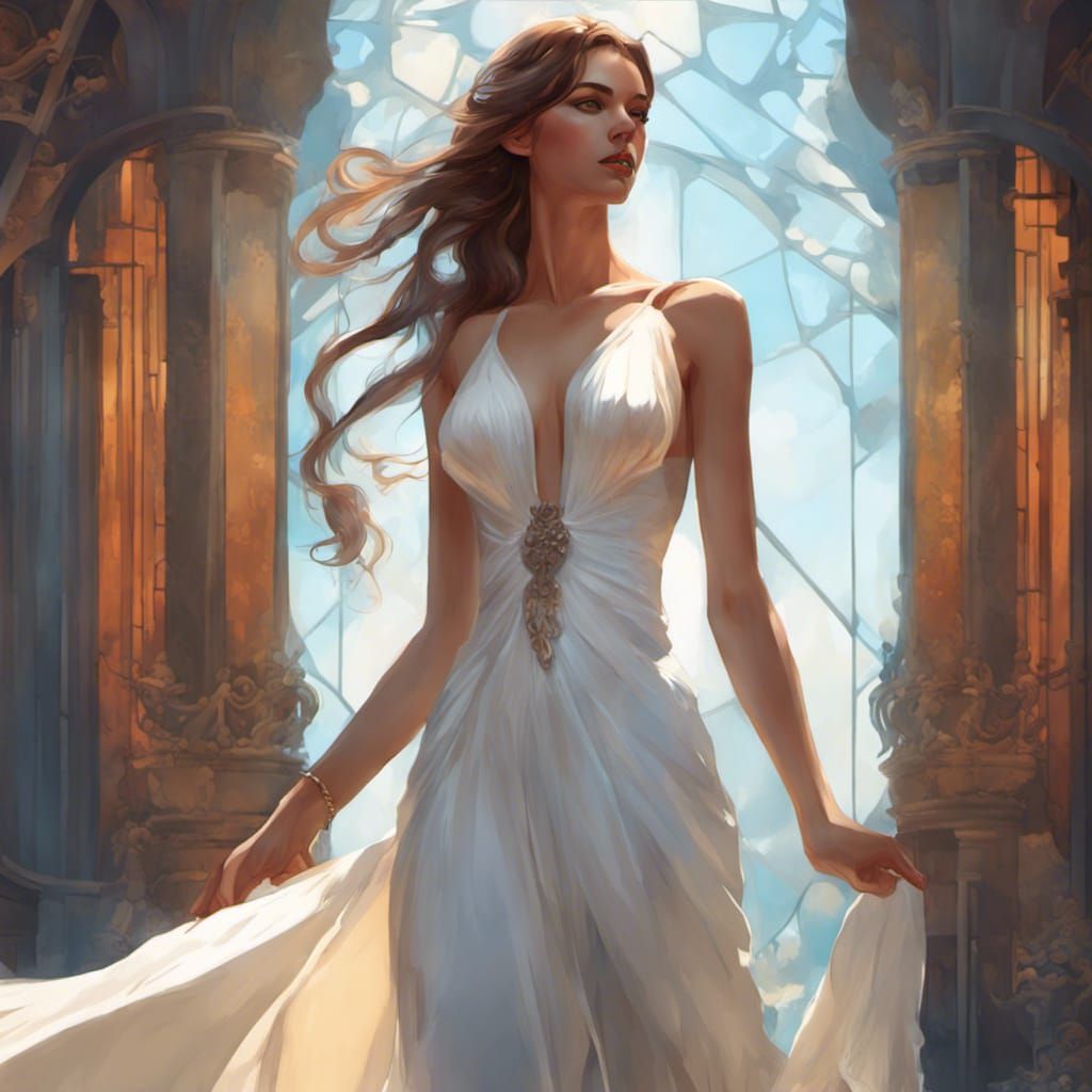 Tall and slim beautiful woman, dressed in a long white dress...