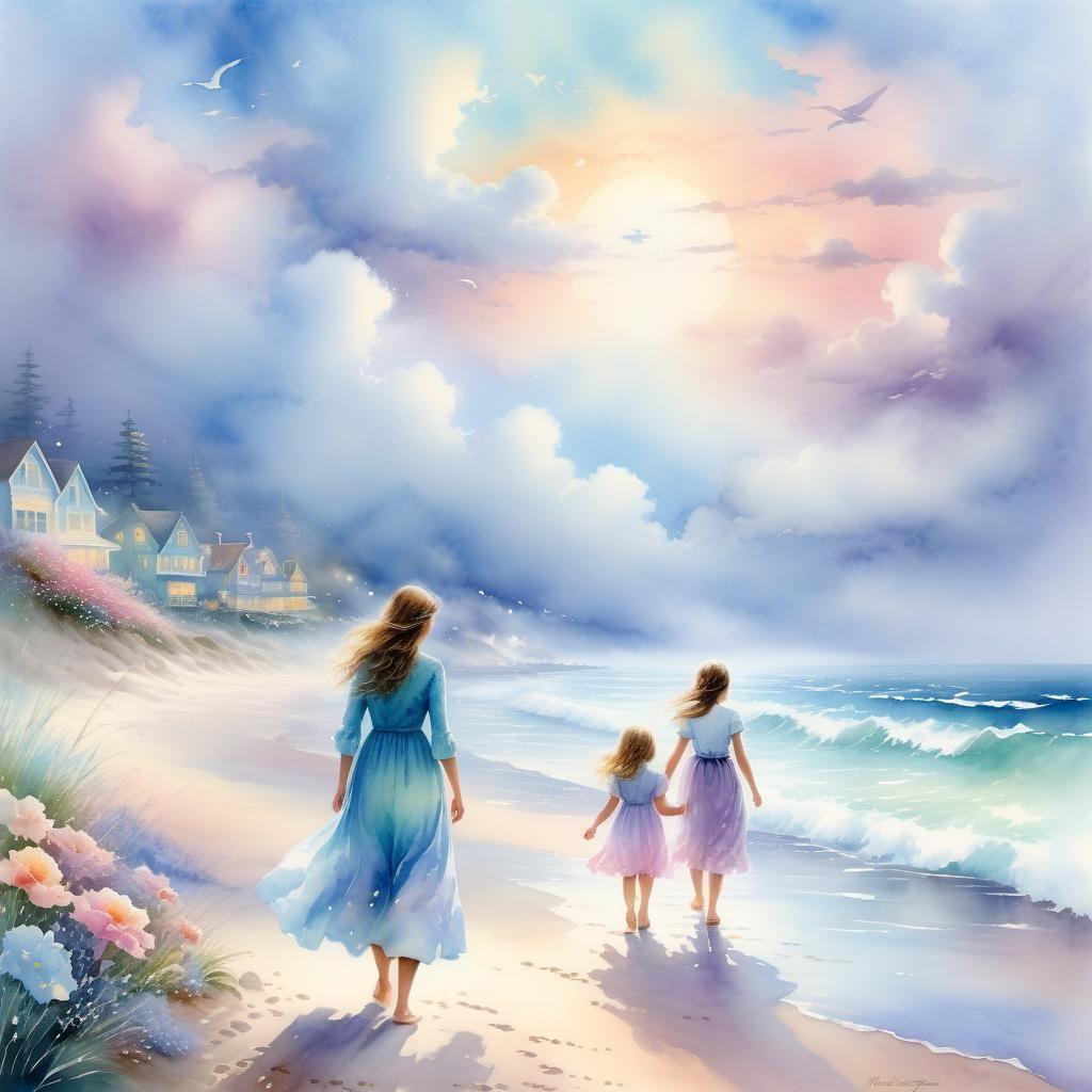 mother and daughters walking on the beach.  by @Ylona