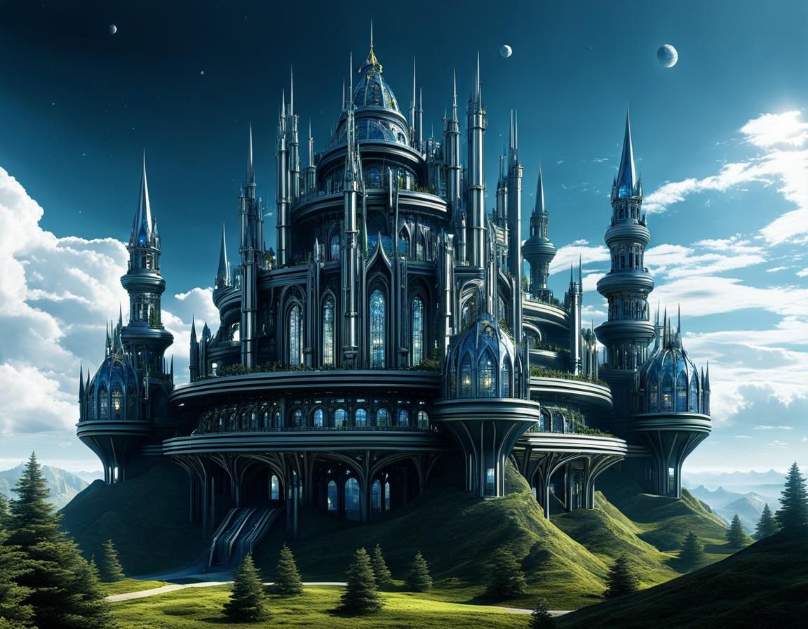 spacecore glasspunk gothic arcology fantasy castle, fractal retrofuturism