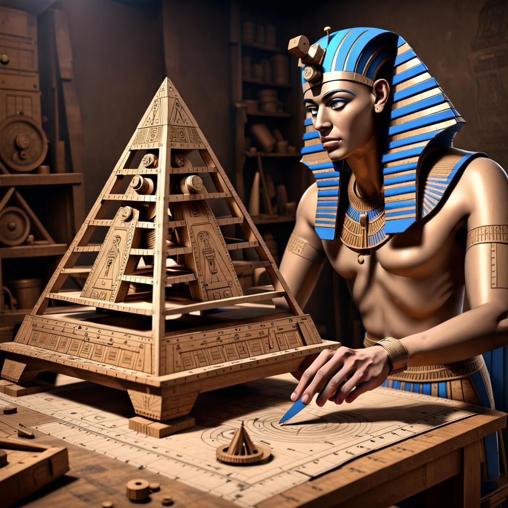 Egyptian pharaoh designing pyramid blueprints