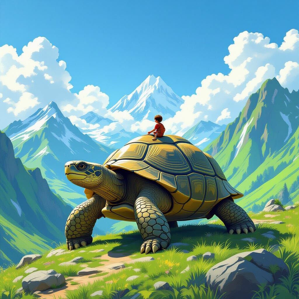 Boy Rides Giant Tortoise Through Green Mountains
