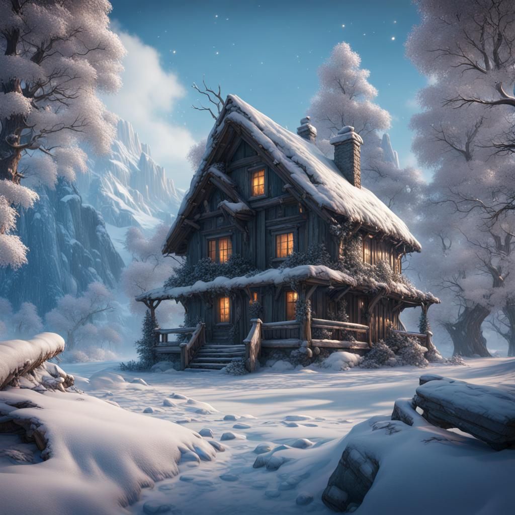 winter, heavy snow, tree, cabin - AI Generated Artwork - NightCafe Creator