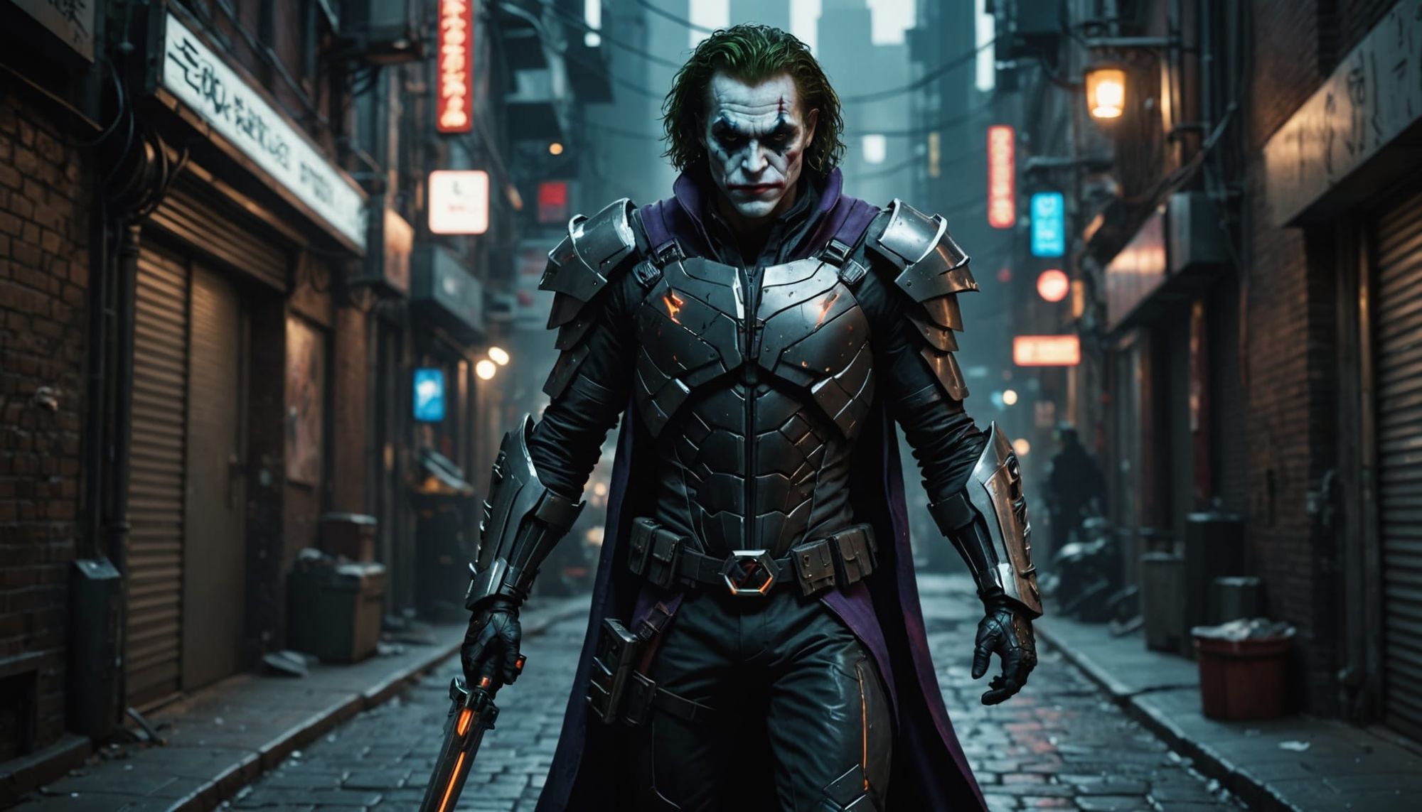 A hyper-realistic and super-detailed image of a cyberpunk joker-like cyborg standing in a dark alley. The cyborg wears a long mantle and hol...