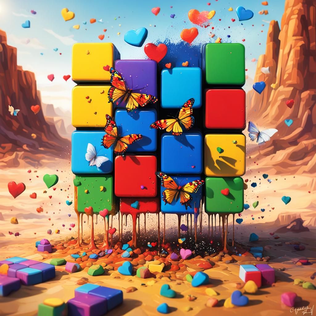 Rubik cube in the desert. Colourful. Vibrant. With hearts an...