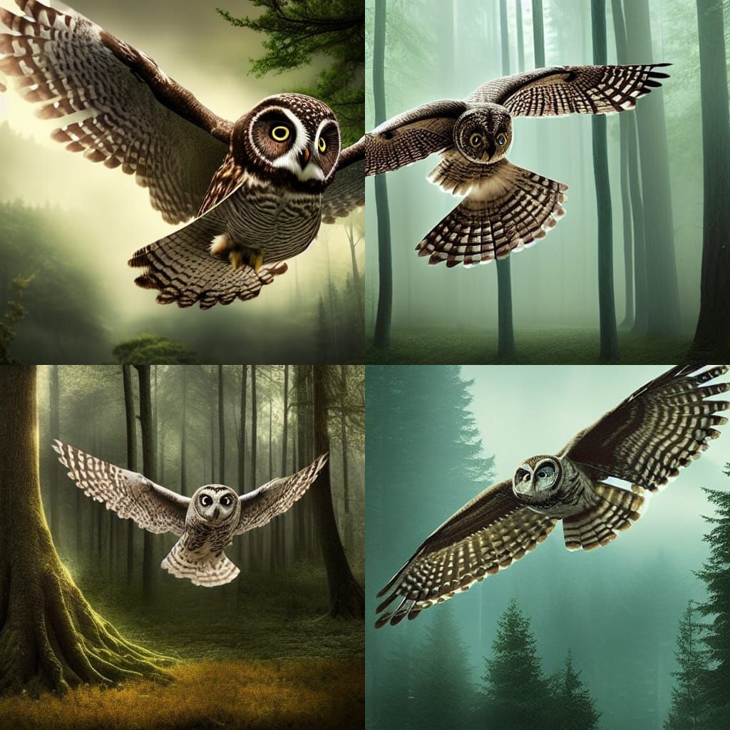 owl flying in a forest