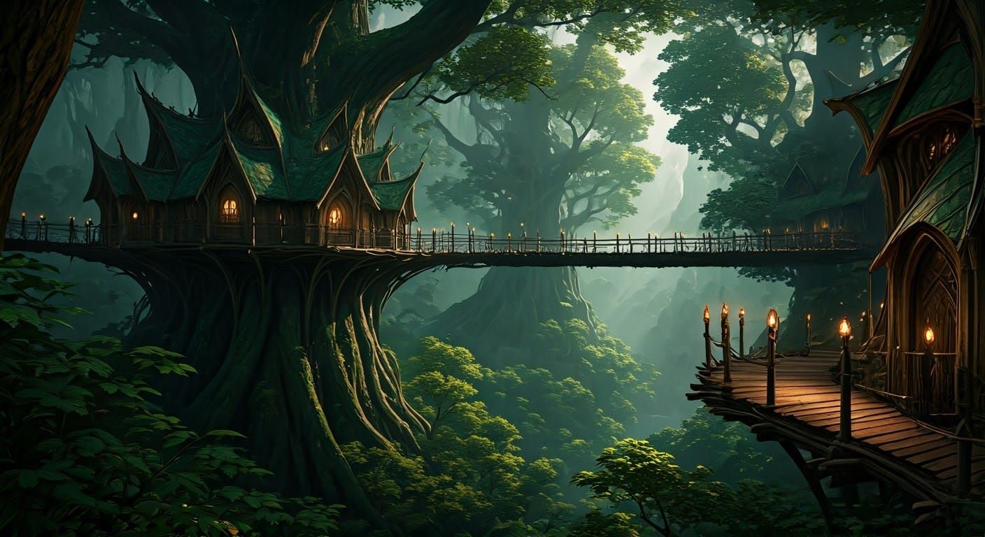 Tree houses in the forest of Lothlórien  by @Shakaama