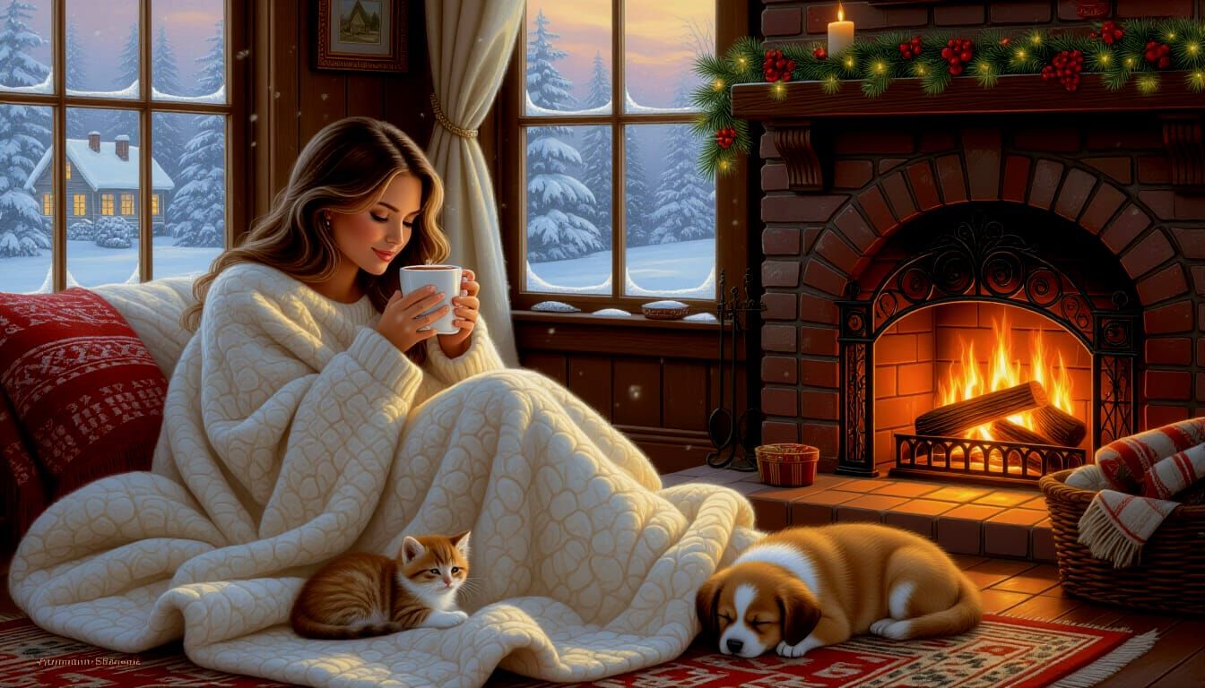 Cozy Home Scene With Kitten, Puppy, and Fireplace