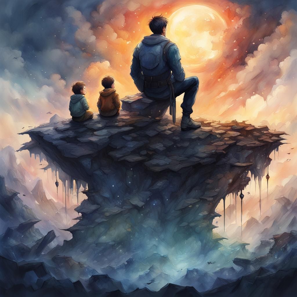 A boy sitting on his father neck ,watercolor painting.