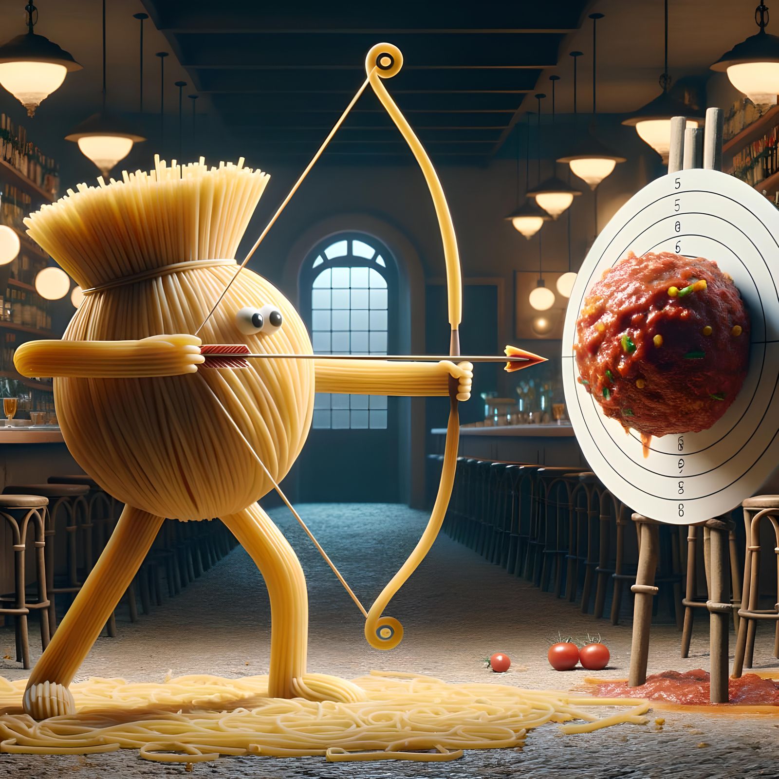 Spaghetti archer with a meatball target  by @NewAgerJul