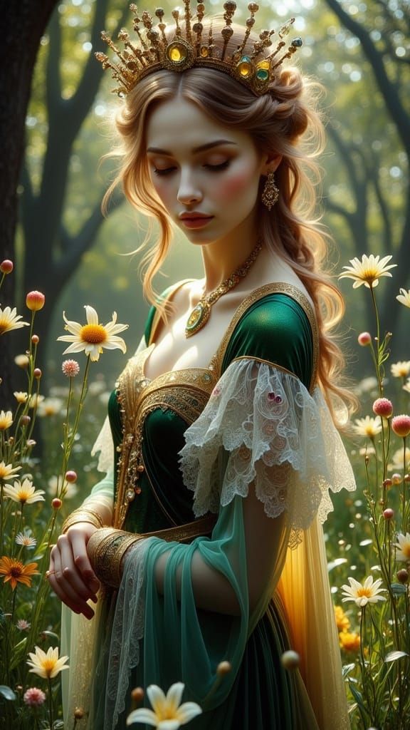 Regal Medieval Queen in Vibrant Garden