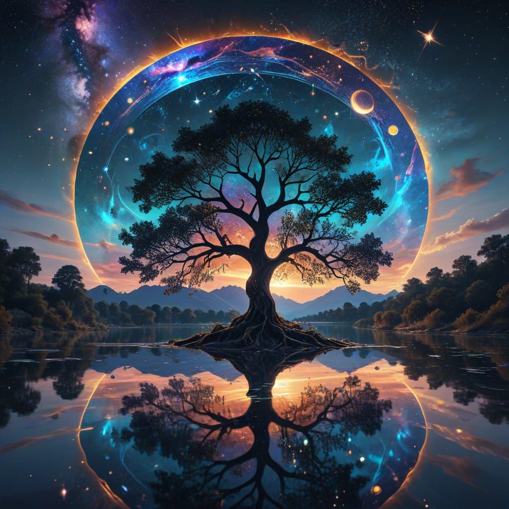 Un sublime arbre de vie sur un lac à effet miroir à perte de vue, très lumineux, avec un soleil couchant ...  by @Hummingbirdartiste