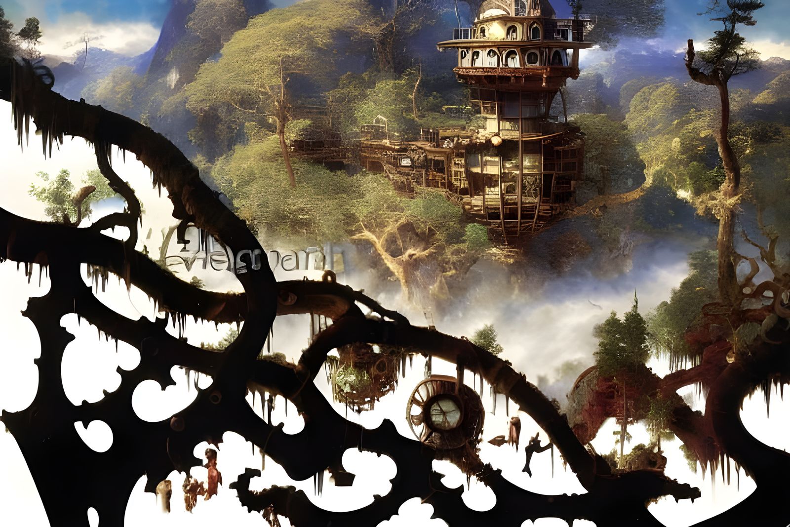 Steampunk treehouse Quiet Conifer Forest Goo treehouse Surro...