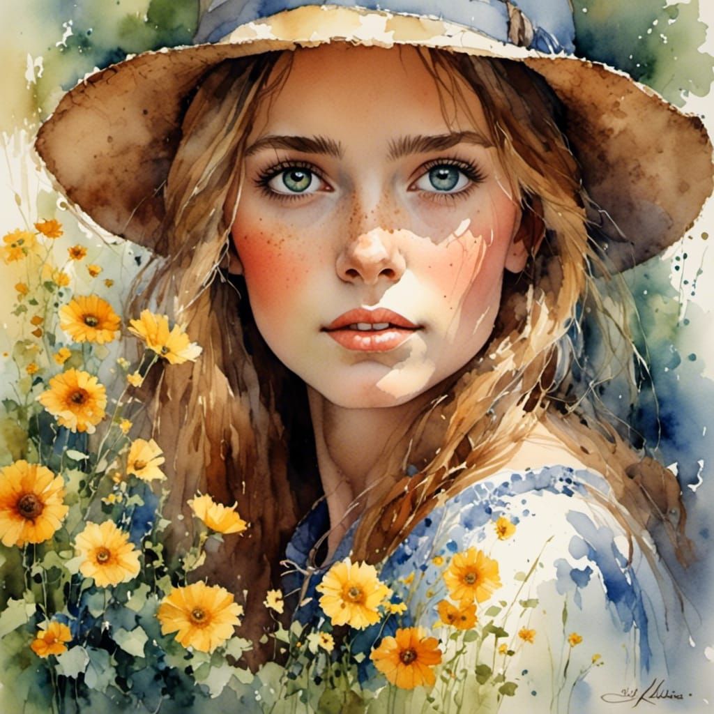 Watercolor Portrait of a Beautiful Woman with Large Eyes