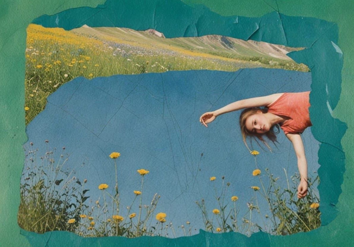 Whimsical Collage Landscape with Geometric Structures and Wi...