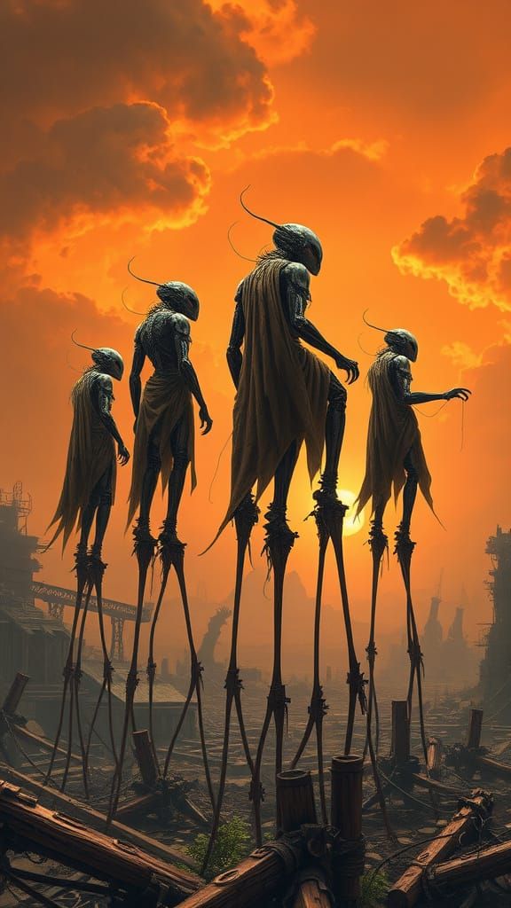 Stilters walking towards sunset