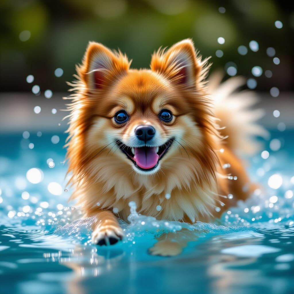 Pomeranian Dog Portrait Playing in Water