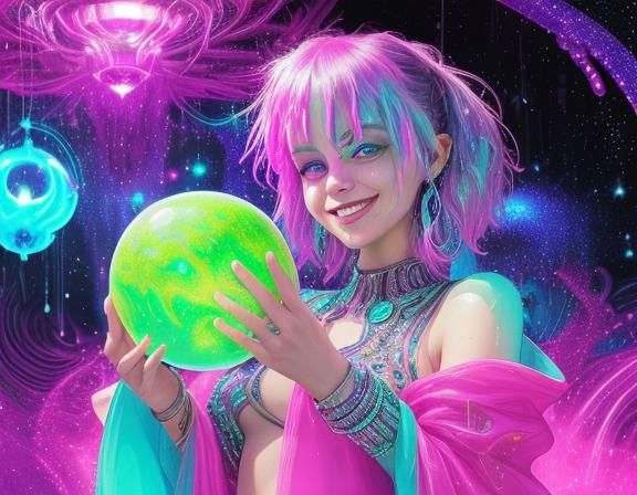 Bejeweled Galactic Oasis chrome orb fractal Smiling dripping...