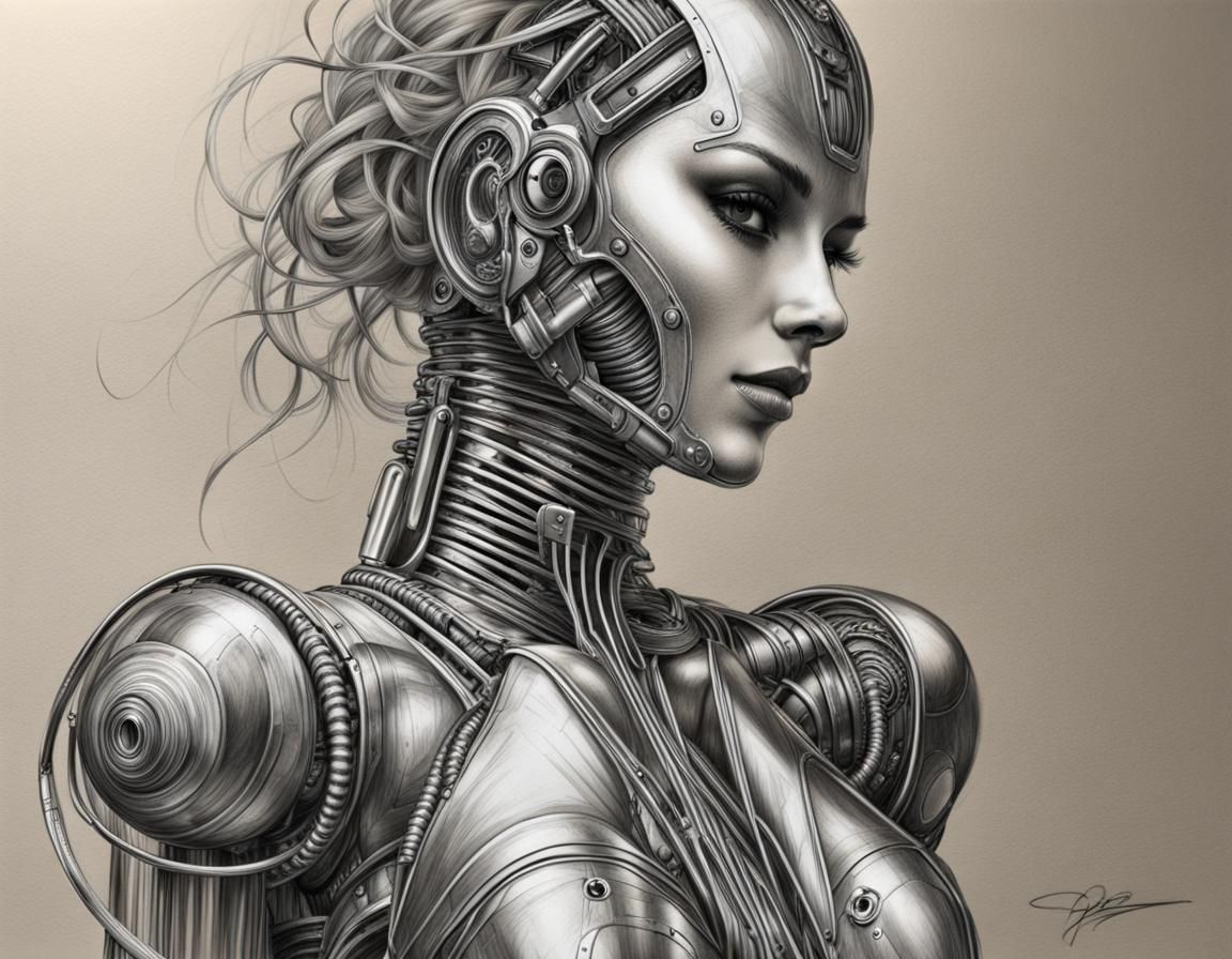 chrome female robot in slinky dress