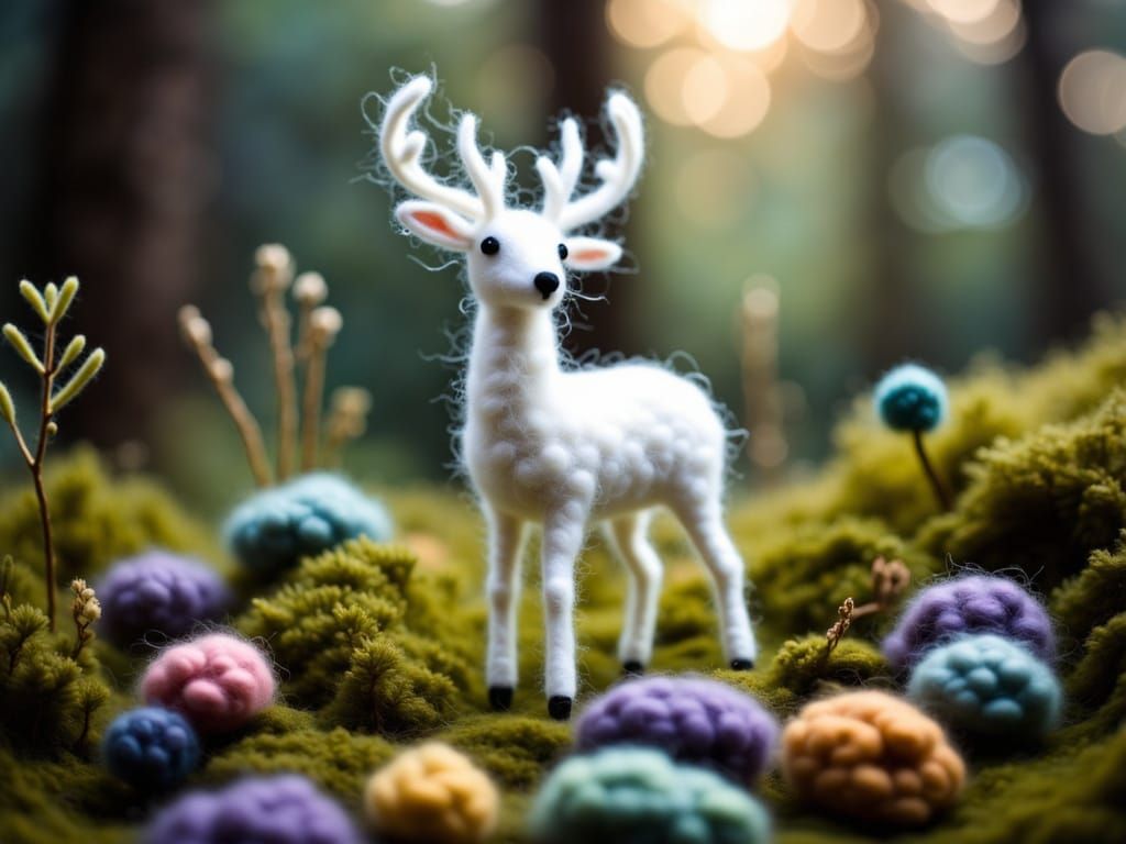 <lora:Felted Wool Flux:1.0>felted wool figurine of a majestic white stag in an enchanted forest