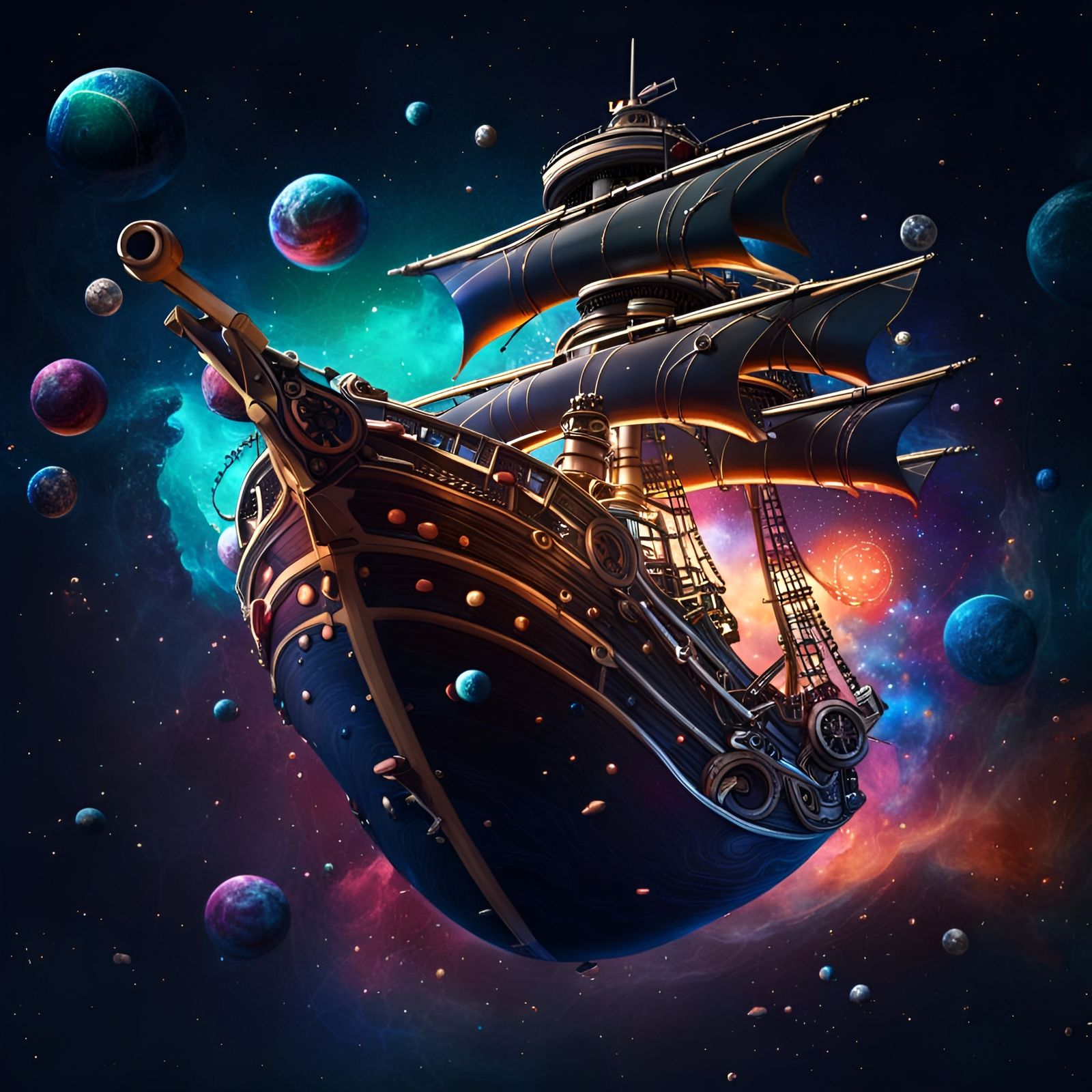 A pirate ship floating through space. Planets and stars. High resolution.   by @Irene