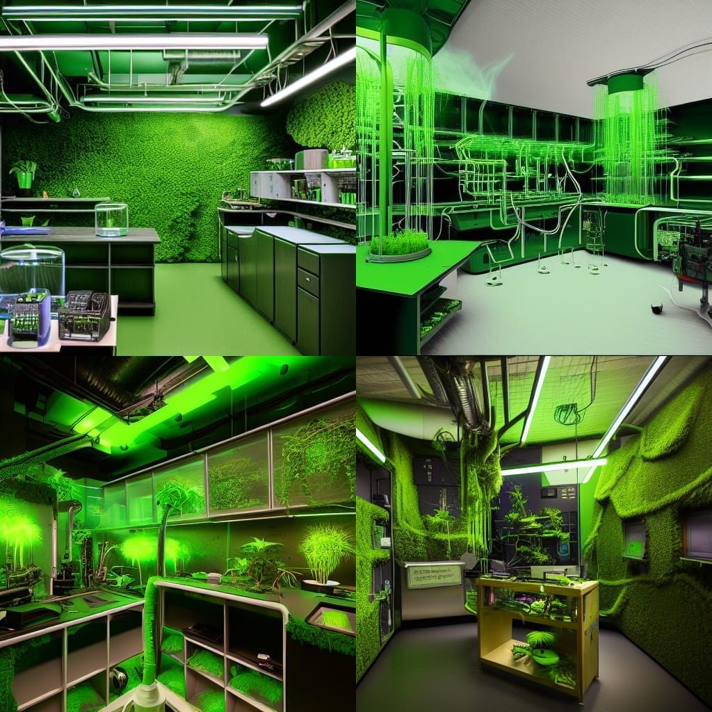 Cool science room. Color theme blend of cold steel and green...