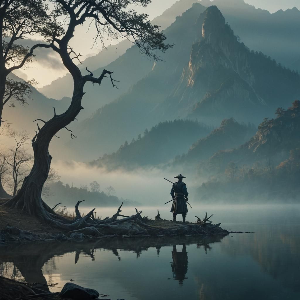 Samurai at Misty Lake, Cinematic Film Still