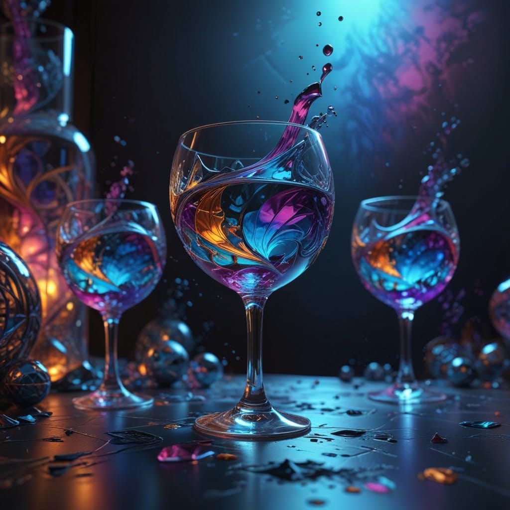 Surreal Glassware Scene in Vibrant, Golden Hour Light