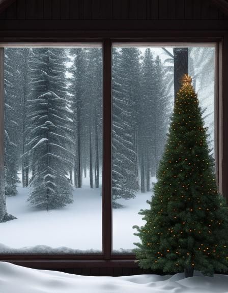 a dark snowy forest with a cabin in the middle of the forest...