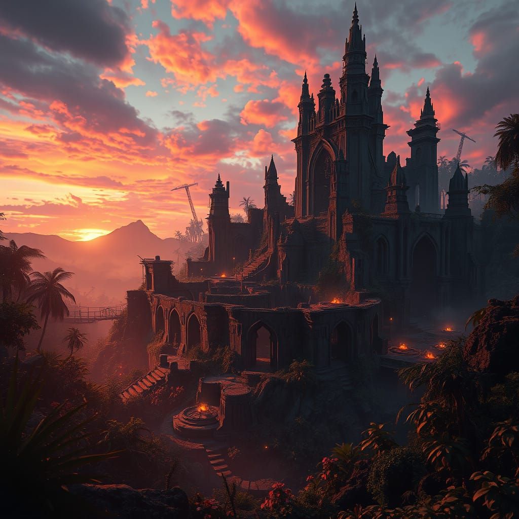 Ancient Jungle Cityscape at Sunset, in Photorealistic Style