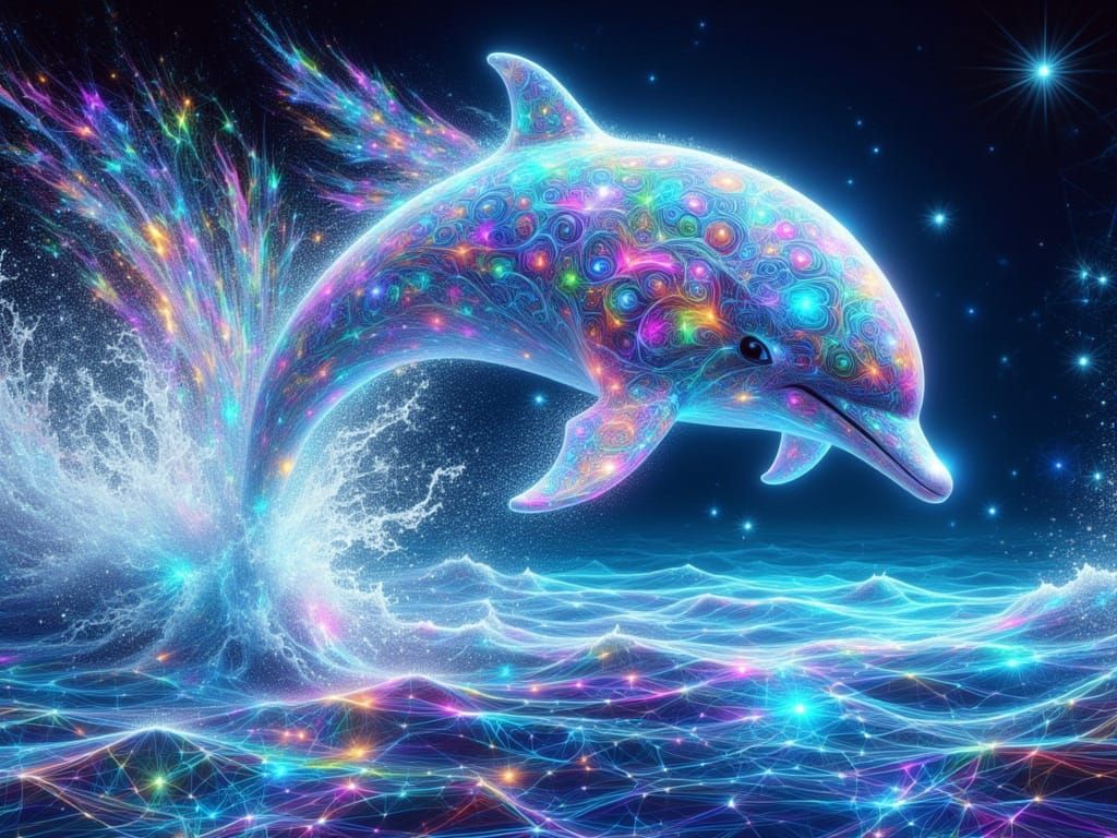 <lora:FiosQuantumFractal:1.0> Colorful Dolphin Leaping from water