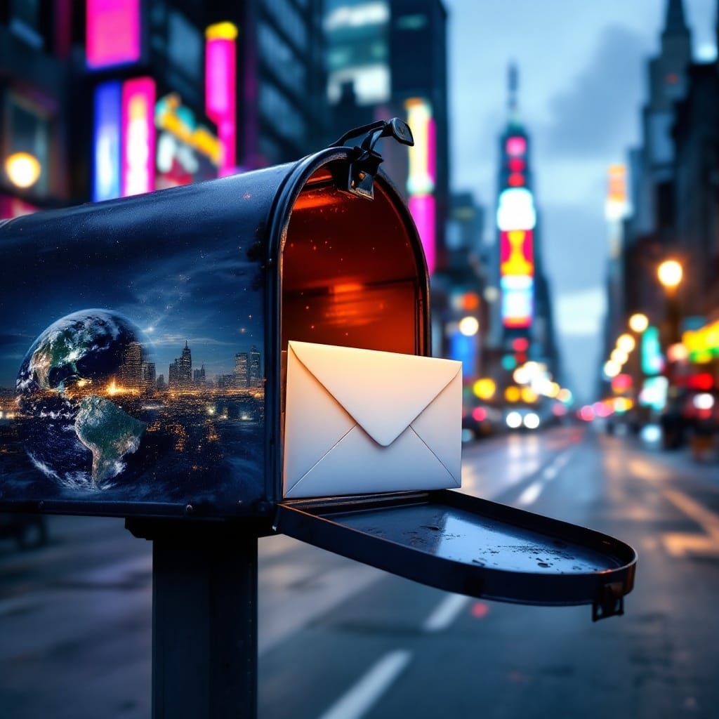 on a New York downtown city street a Mailbox that has a double exposure of the earth photo, and in the open letter slot is a large white add...
