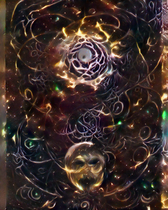 Azathoth, who rules all infinity from his throne at the center of chaos. His body is composed of all the bright stars of the visible universe, but his face is veiled in darkness