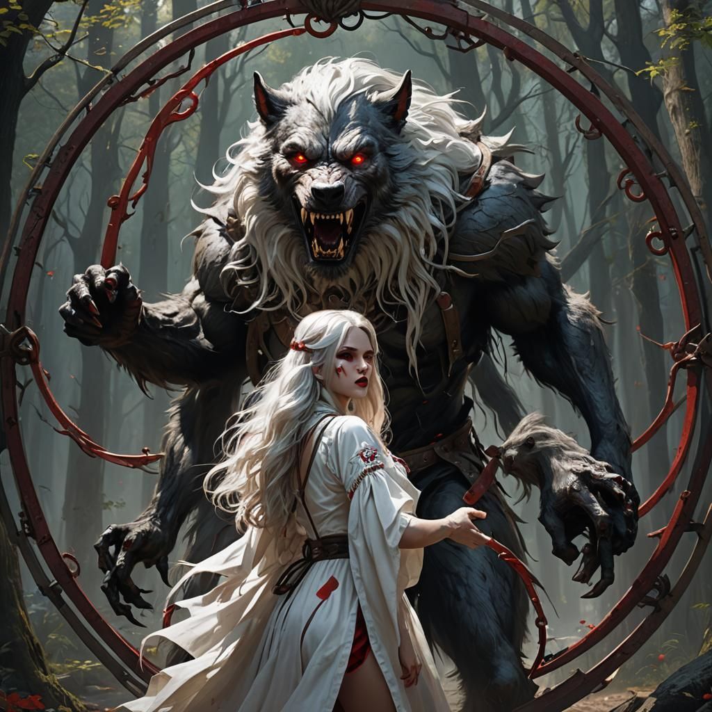 an ultra-mega huge werewolf with red eyes from behind is try...