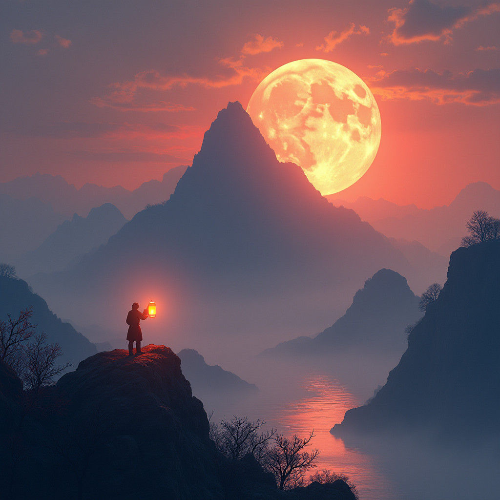 Majestic Mountain Peak and Lone Figure Toasting the Moon