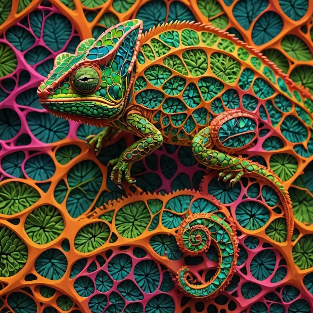 3D mesh array textured organic material forming a intricate detail realistic Chameleon vibrant neon colors, ...  by @Christine Gauthier
