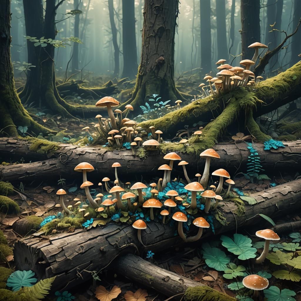 Mushrooms growing on a dead log in the middle of the forest   by @GeekWorldMinion