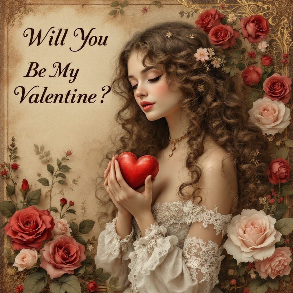 Vintage Valentine card design featuring a young girl with curly hair holding a red heart, that reads, ...  by @Kathy A Lindsey