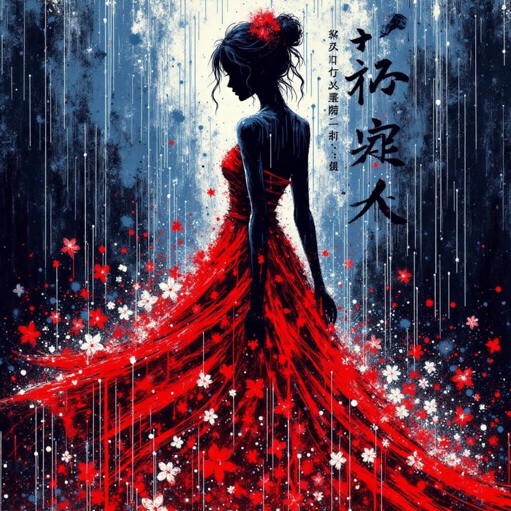 <lora:Splatter Art:1.0> Splattered impasto artwork of a rough outline of silhouette of an woman in a bright red dress, with subtle sakuras a...