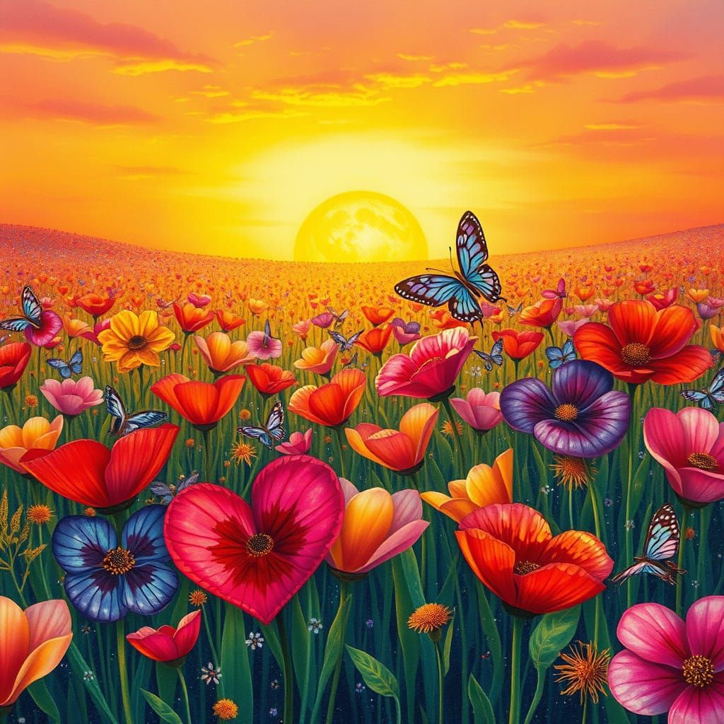Dreamlike Field of Exquisite Heart-Shaped Flowers in Vibrant...