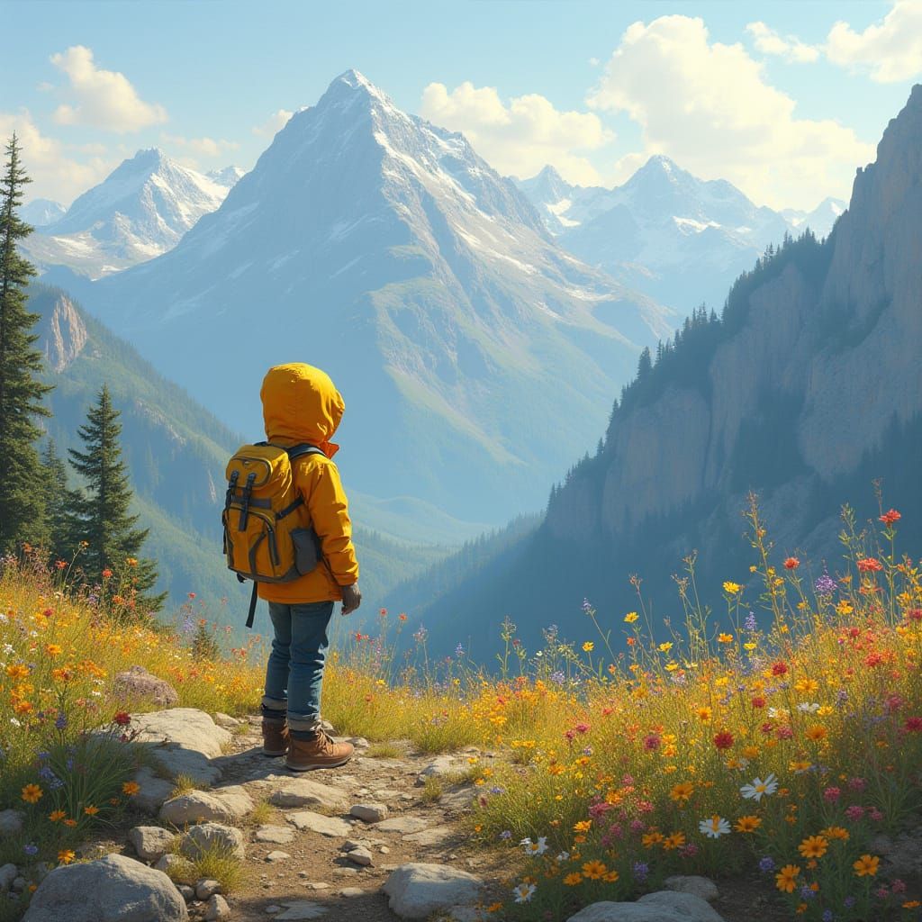 Child Hiker on Mountain Peak in Luminist Style