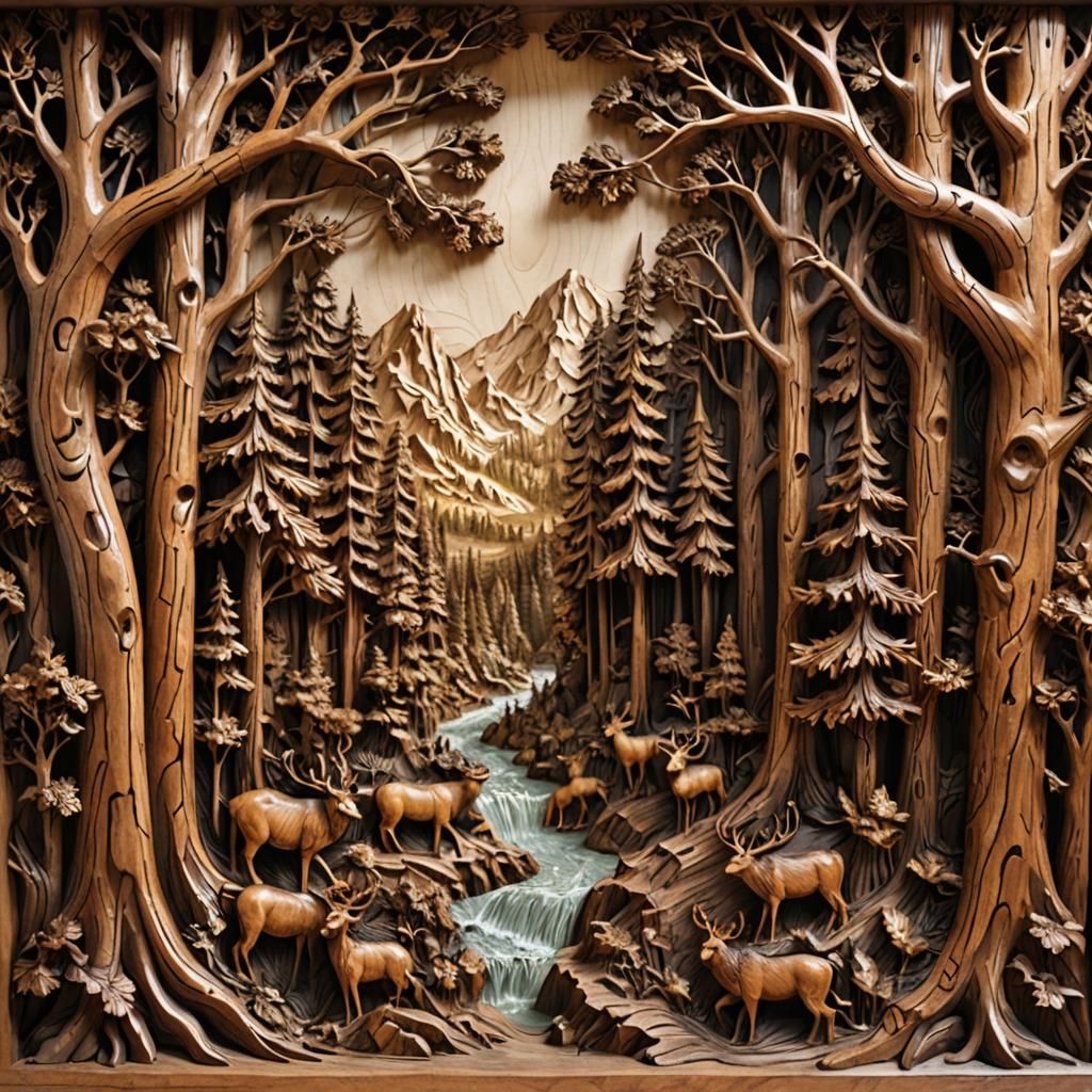 Wood carving of an epic forest scene   by @Just another george